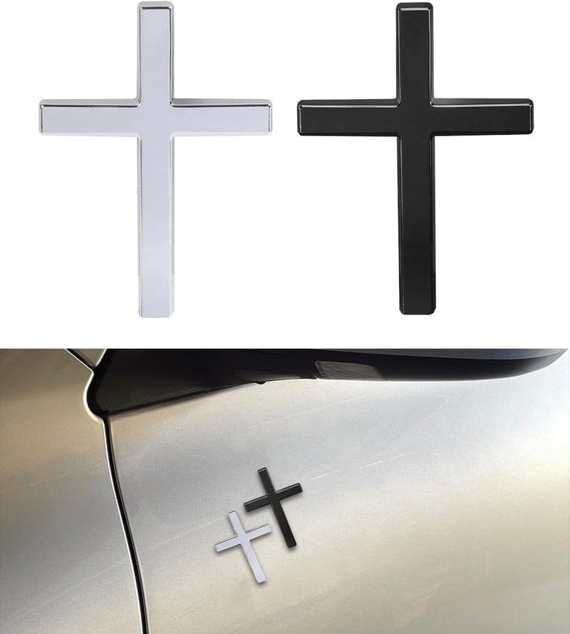 SCUARI 2PCS 3D Cross Stickers,Car Accessories Decals for Vehicles,Self Adhesive Cross Metal Car Emblem,2.5"×1.8" Cross Jesus Automotive Decal,Suitable for Trunk Tailgate Side Decoration (Black&Silver) - Image 1